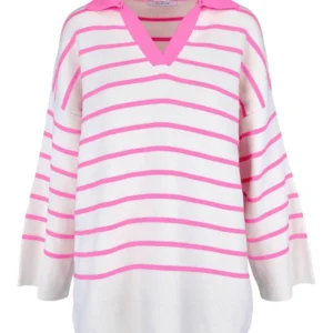 QU STYLE Ženska džemper na pruge roze-beli